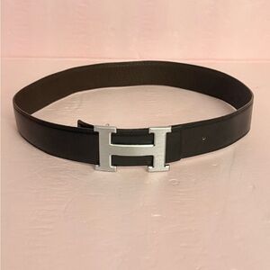 Luxury Black Leather Belt with Silver H Buckle